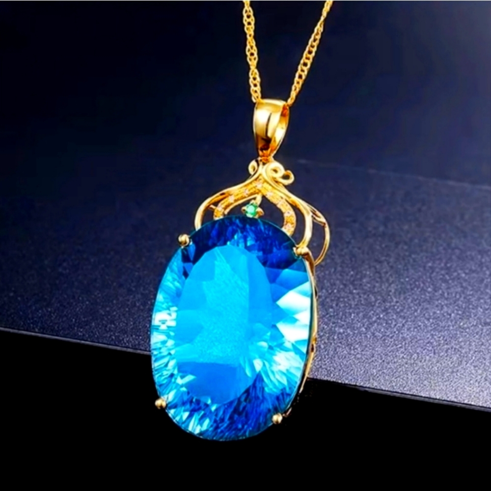 Elegant Gold And Blueblue Austrian Crystal Pendant Goddess 18" Queen Necklace